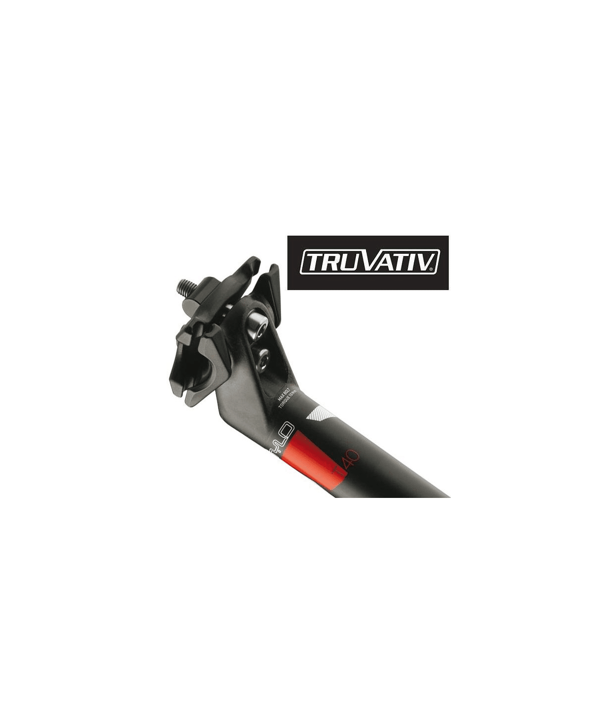 truvativ-stylo-t40-mtbracer.png Närbild på en svart Truvativ Stylo T40 sadelstolpe i aluminium mot en vit bakgrund. Varumärket "Truvativ" syns tydligt ovanför, med en subtil skugga som framhäver produkten.
