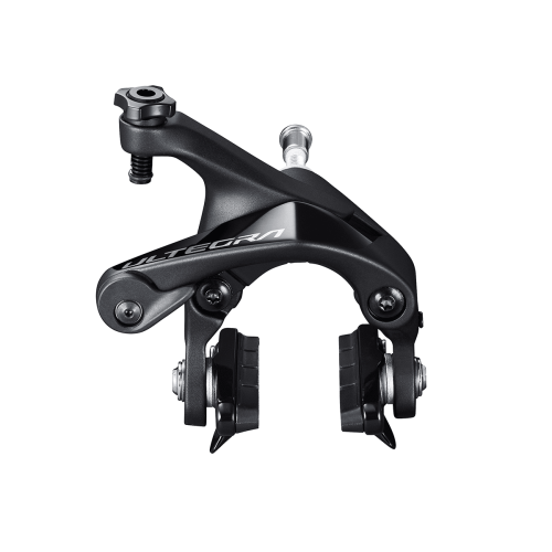 Detaljerad bild av en Shimano Ultegra BR-R8100 broms, framställd i studiobelysning. Den mattsvarta ytan framhävs, med skarpa detaljer på justerskruvar och bromsbelägg.