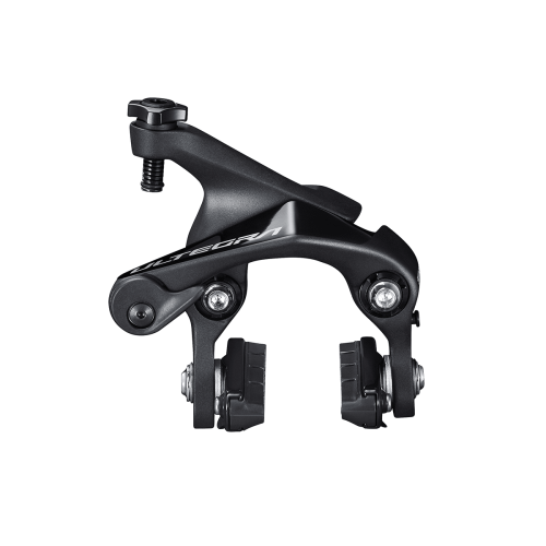 Svart Shimano Ultegra BR-R8110 direktmonterad broms, detaljrikt återgiven mot en ren vit bakgrund. Bromsen är välbelyst, vilket framhäver dess konstruktion och design.