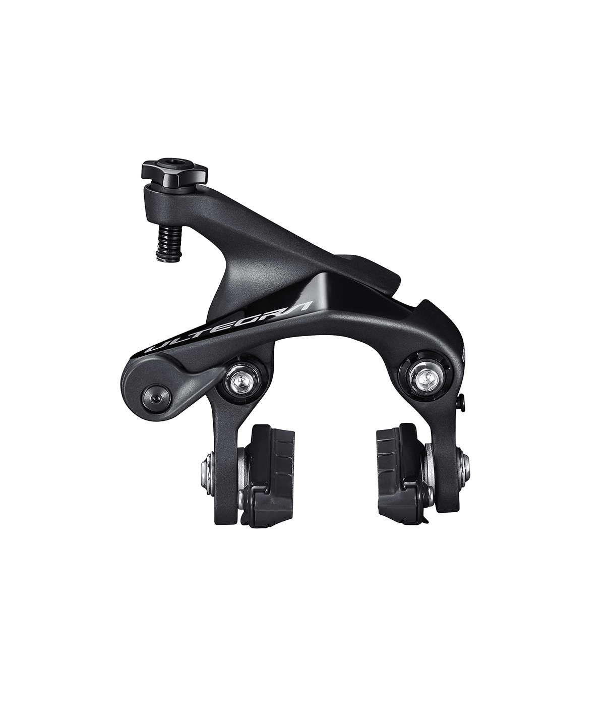 ultegra-bromsok-falg-8110.png Svart Shimano Ultegra BR-R8110 direktmonterad broms, detaljrikt återgiven mot en ren vit bakgrund. Bromsen är välbelyst, vilket framhäver dess konstruktion och design.