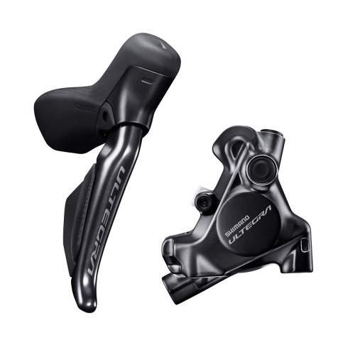 Detaljrik närbild av ett Shimano Ultegra Di2 ST-R8170/BR-8170 skivbromsset. Den mattsvarta finishen och precisionen i detaljerna framhävs av belysningen.