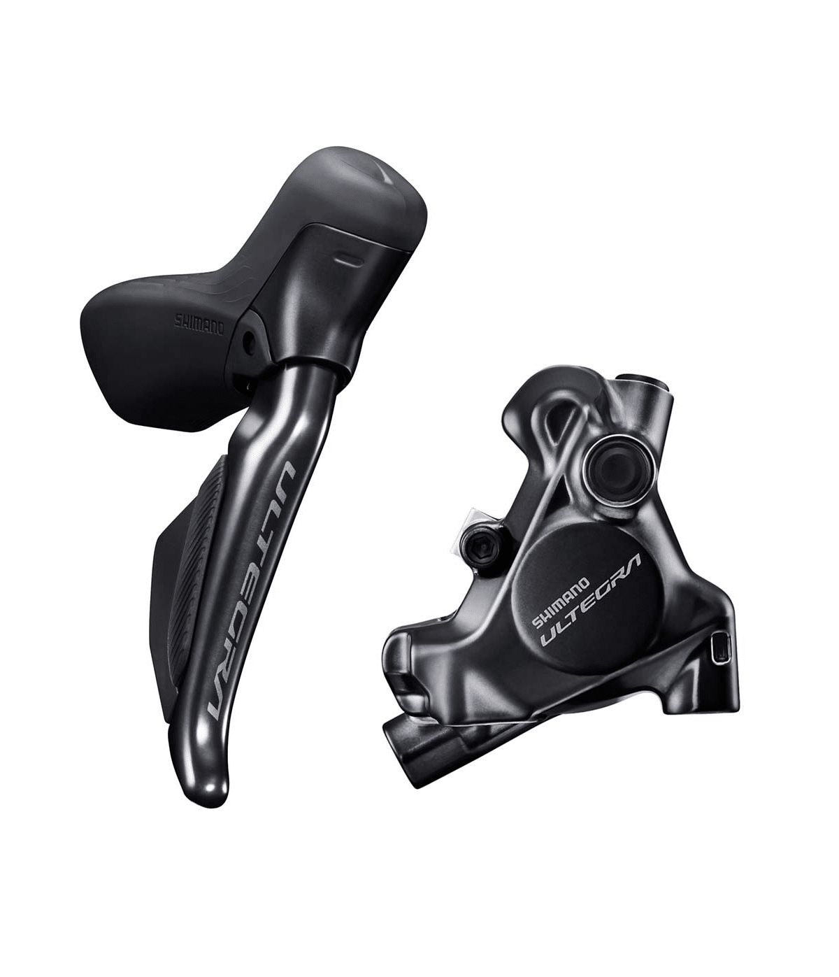 ultegra-skivbromsset.png Detaljrik närbild av ett Shimano Ultegra Di2 ST-R8170/BR-8170 skivbromsset. Den mattsvarta finishen och precisionen i detaljerna framhävs av belysningen.