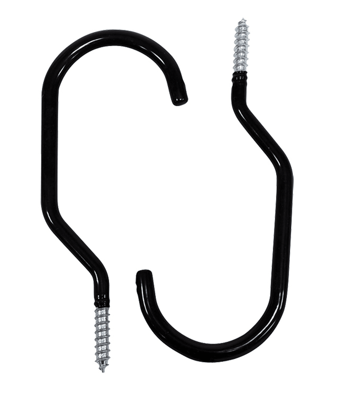 upphangningskrok-oxc.png Två svarta OXC-upphängningskrokar med skruvar, avsedda för upphängning. Krokar har en blank yta och skruvarna har tydliga gängor. Bilden är tagen i bra ljus, vilket framhäver detaljerna.