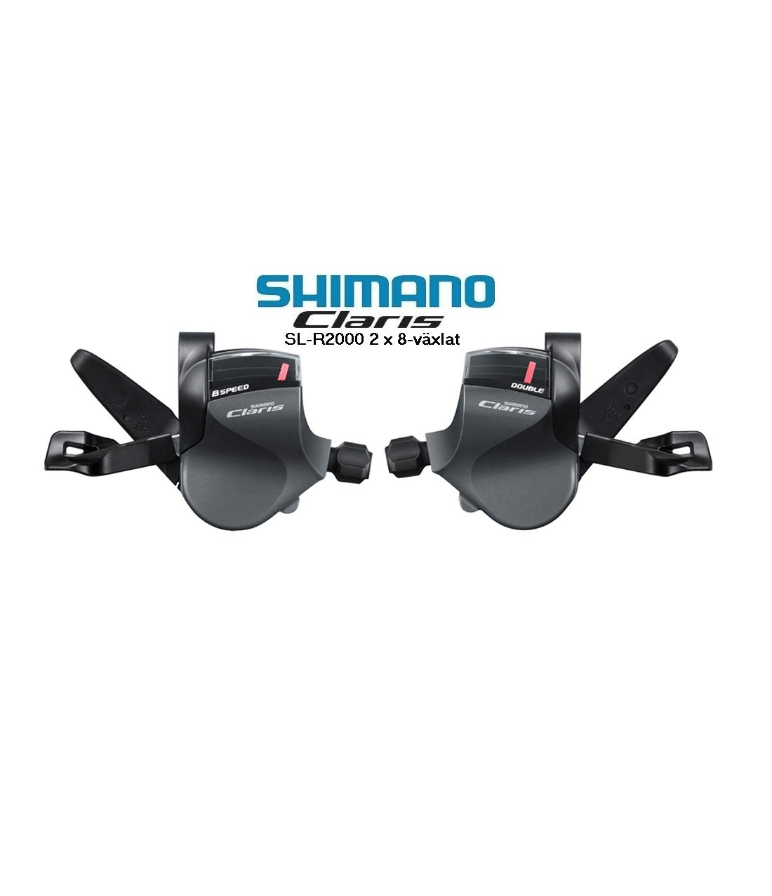 vaxelreglage-shimano-claris-sl-r2000-2x8-vxl.png Ett par Shimano Claris SL-R2000 växelreglage för cykel, 2x8 växlar. Reglagen är gråa och väl upplysta mot en vit bakgrund, vilket framhäver detaljerna och designen.