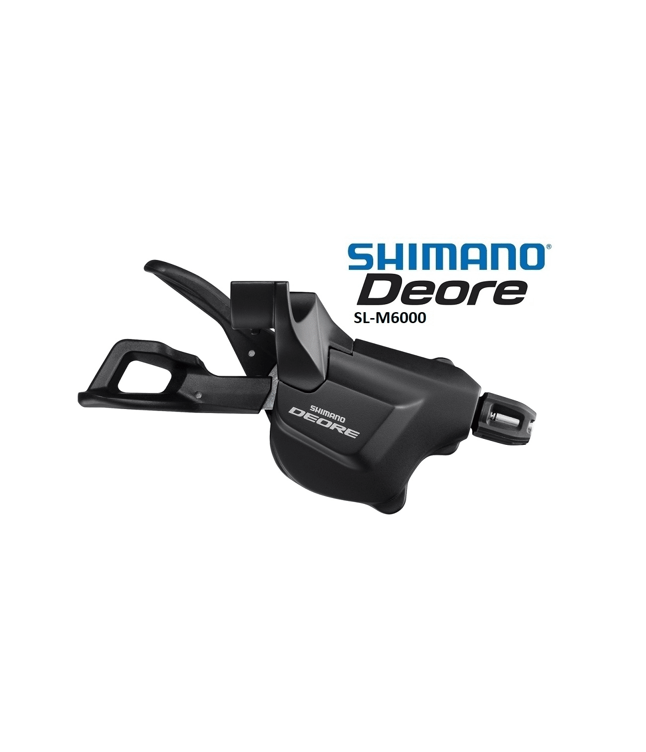 vaxelreglage-shimano-deore-sl-m6000-i-spec-ii.png Svart växelreglage Shimano Deore SL-M6000 I-Spec II, avsett för 10 växlar, visas i detalj mot en ren vit bakgrund, med tydlig produktmärkning och fokus på materialkvalitet och design.