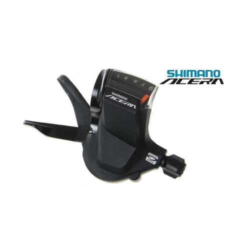 Svart växelreglage Shimano Acera SL-M3000 för 9 växlar. Reglaget visar växelindikator med siffrorna 1 till 9 och är fotograferat i starkt ljus mot en vit bakgrund.