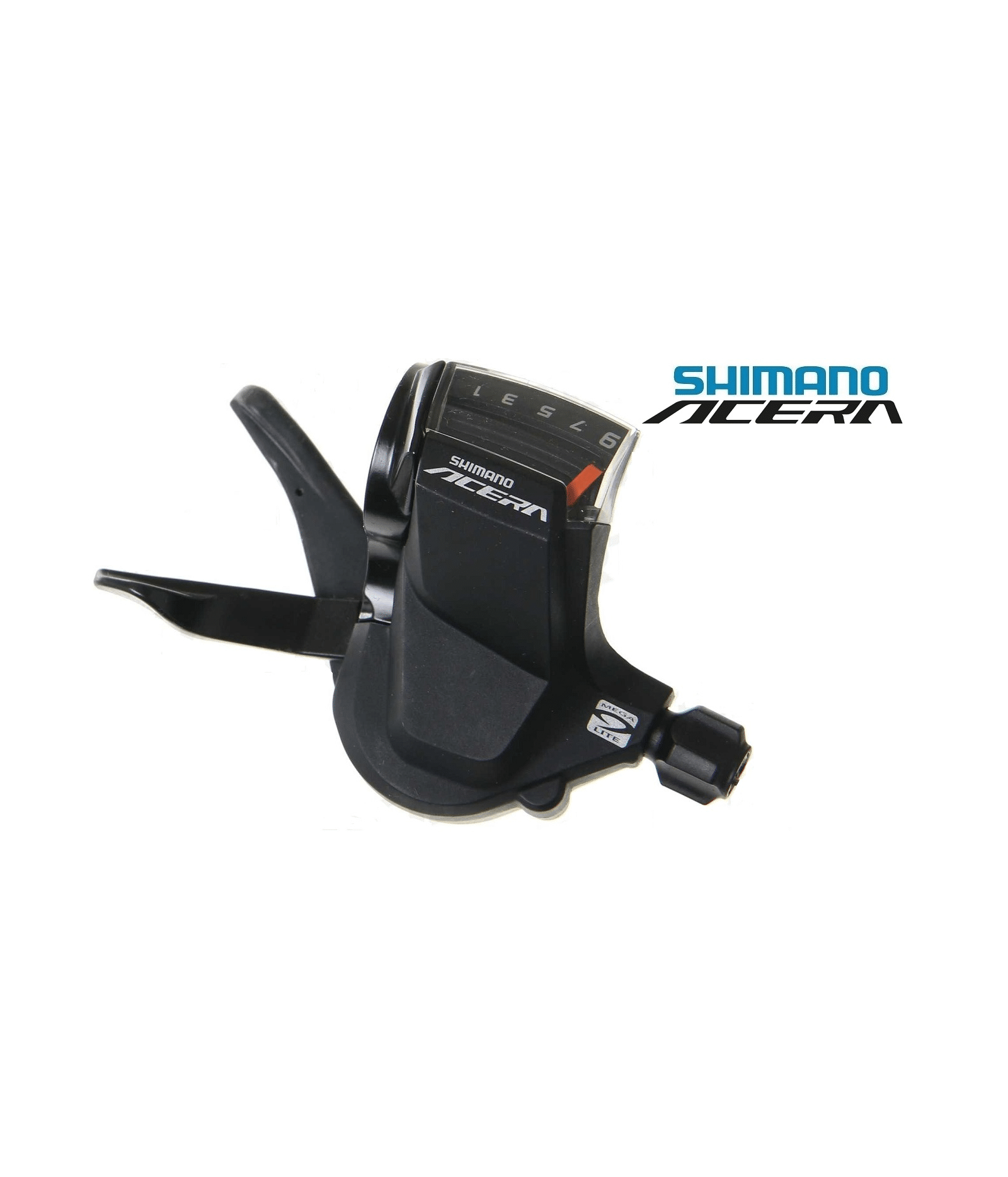 vaxelreglage-shimano-sl-m3000-bak.png Svart växelreglage Shimano Acera SL-M3000 för 9 växlar. Reglaget visar växelindikator med siffrorna 1 till 9 och är fotograferat i starkt ljus mot en vit bakgrund.