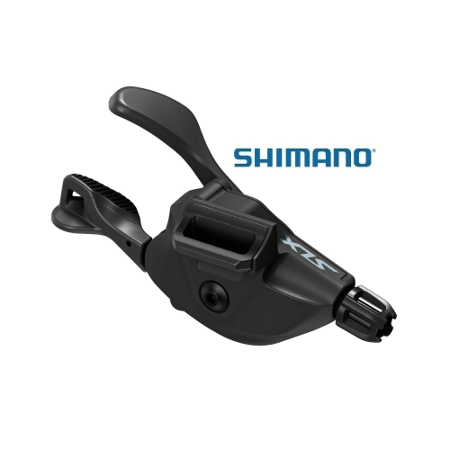Detaljerad bild av ett svart Shimano SLX SL-M7100 I-Spec EV växelreglage, avsett för 12 växlar. Professionell produktfotografering med mjukt ljus, framhäver reglagets ergonomiska design och precisa konstruktion.