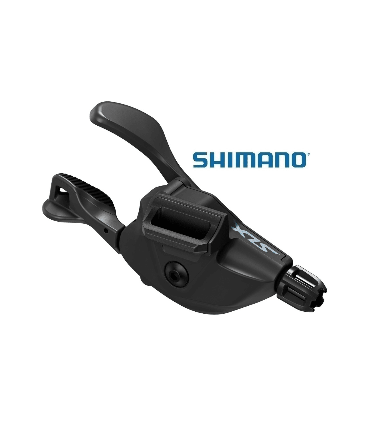 vaxelreglage-shimano-slx-sl-m7100-i-spec-ev-12-vxl.png Detaljerad bild av ett svart Shimano SLX SL-M7100 I-Spec EV växelreglage, avsett för 12 växlar. Professionell produktfotografering med mjukt ljus, framhäver reglagets ergonomiska design och precisa konstruktion.