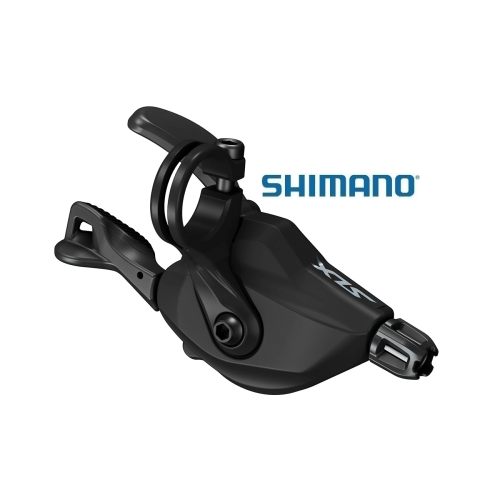 Detaljerat fotografi av ett svart Shimano SLX SL-M7100 växelreglage för en 12-växlad cykel. Studioljus framhäver dess design och textur, inklusive logotypen och klämman.