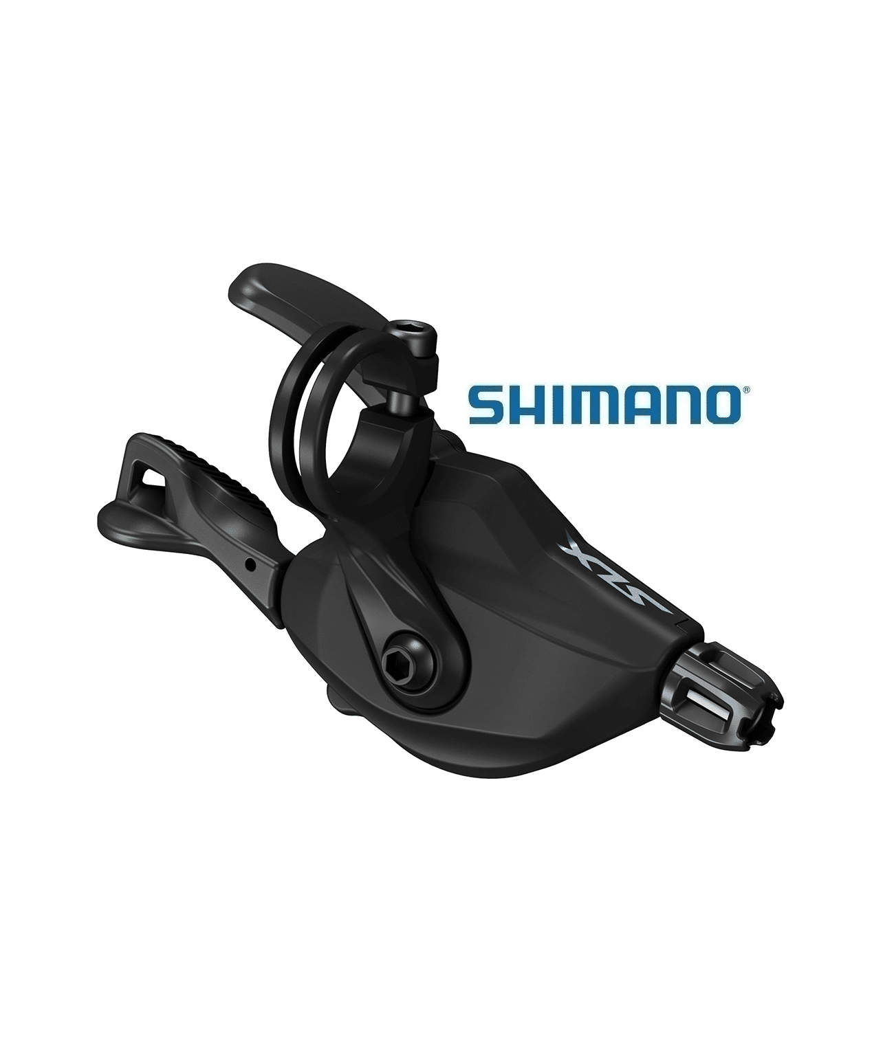 vaxelreglage-shimano-slx-sl-m7100-klamma-12-vxl.png Detaljerat fotografi av ett svart Shimano SLX SL-M7100 växelreglage för en 12-växlad cykel. Studioljus framhäver dess design och textur, inklusive logotypen och klämman.