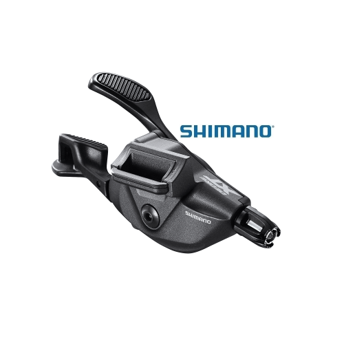 Detaljerad bild av ett Shimano XT SL-M8100 I-Spec EV växelreglage, 12-växlat. Matt finish och tydliga Shimano-logotyper syns i starkt ljus.