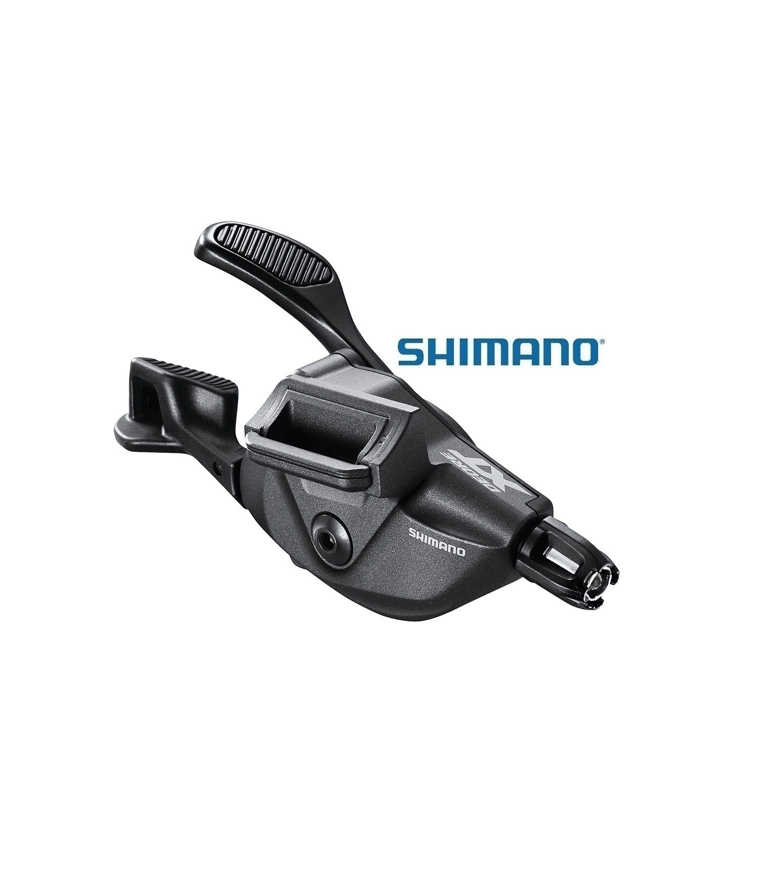 vaxelreglage-shimano-slx-sl-m8100-i-spec-ev-12-vxl.png Detaljerad bild av ett Shimano XT SL-M8100 I-Spec EV växelreglage, 12-växlat. Matt finish och tydliga Shimano-logotyper syns i starkt ljus.