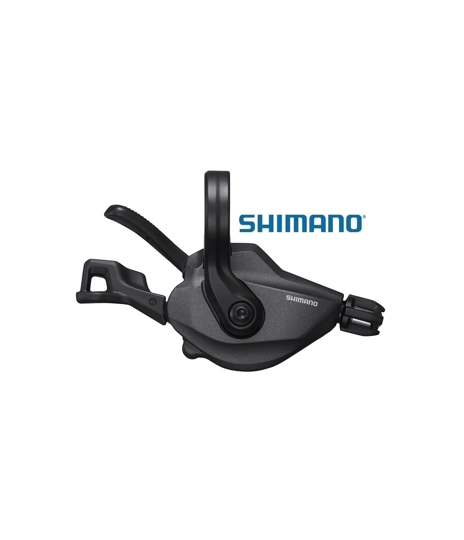 vaxelreglage-shimano-slx-sl-m8100-klamma-12-vxl.png Närbild av ett svart växelreglage Shimano XT SL-M8100 för 12-växlade cyklar. Detaljerad textur och skuggor framhävs under stark belysning, vilket betonar dess design och precision.