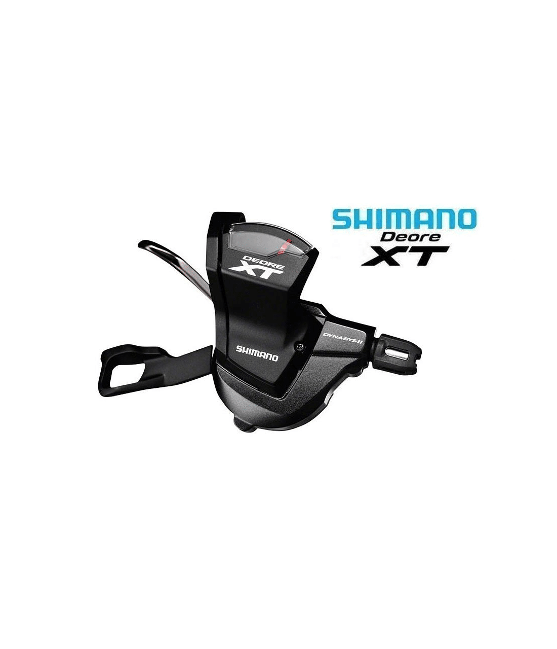 vaxelreglage-shimano-xt-sl-m8000-klamma.png Närbild av Shimano XT SL-M8000 växelreglage, klamma för 2/3x11 växlar. Stark belysning framhäver detaljerna och den svarta finishen, medan "DYNA-SYS II" syns tydligt.