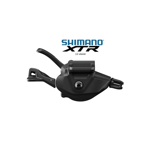 Växelreglage Shimano XTR SL-M9100 I-Spec EV för 12-växlat system, avbildat i detalj mot en ljus bakgrund. Fokuserat ljus framhäver den mattsvarta finishen och de precisa detaljerna.