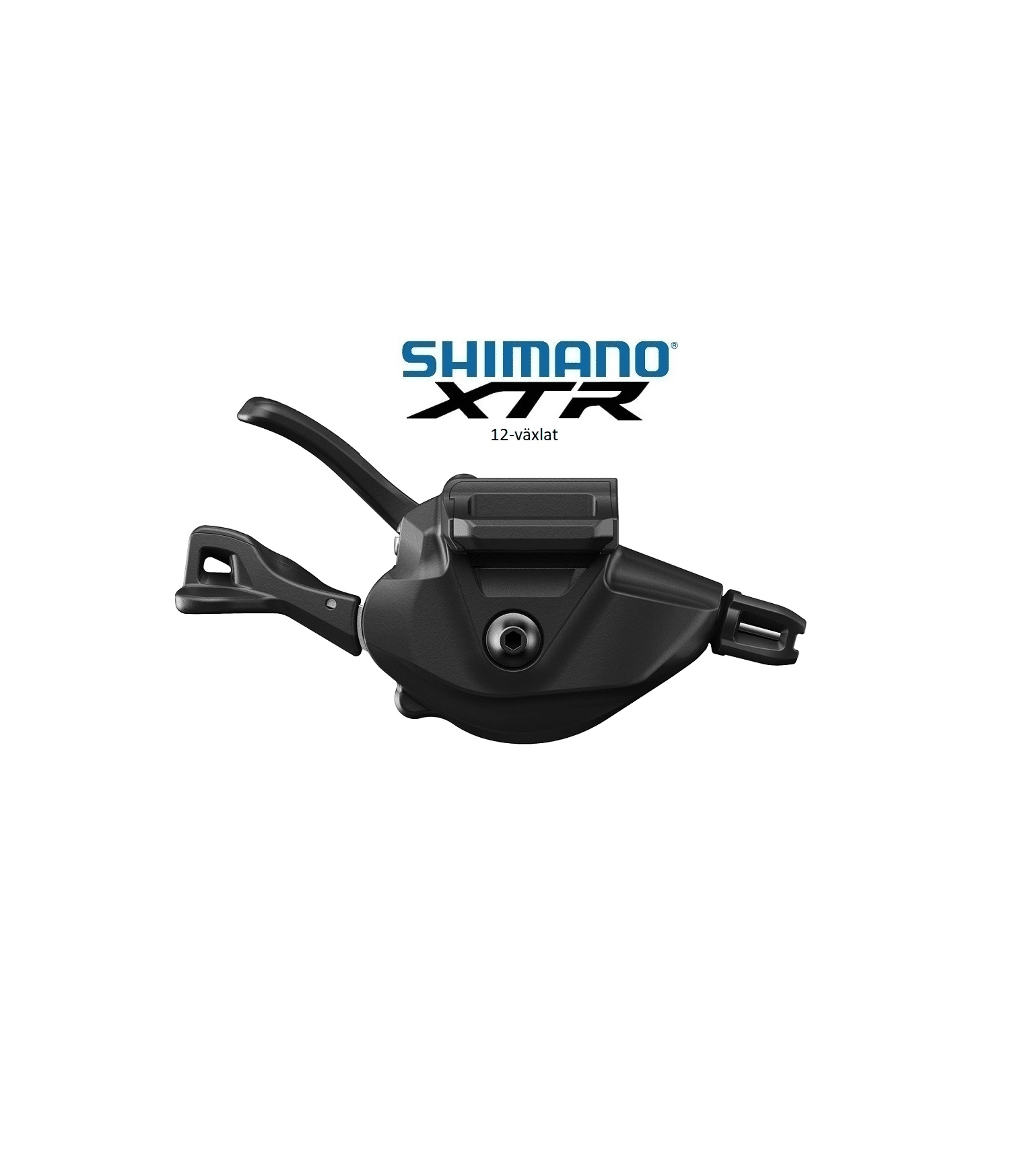 vaxelreglage-shimano-xtr-sl-m9100-i-spec-ii-12-vxl.png Växelreglage Shimano XTR SL-M9100 I-Spec EV för 12-växlat system, avbildat i detalj mot en ljus bakgrund. Fokuserat ljus framhäver den mattsvarta finishen och de precisa detaljerna.