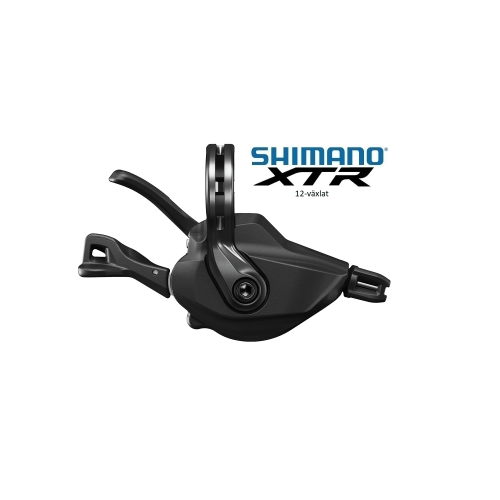 Detaljrik bild av ett svart Shimano XTR SL-M9100 växelreglage för 12-växlat system. Mjukt ljus framhäver produktens konturer och texturer, presenterad mot en ren vit bakgrund.