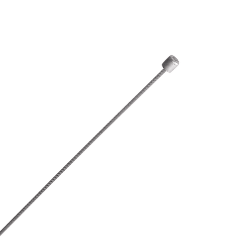 Växelvajer från Shimano, en Optislick 1.2 x 2100 mm, i rostfritt stål med ett cylindriskt ändstycke. Vajern är placerad diagonalt mot en ljus, nästan vit bakgrund, vilket ger ett rent och minimalistiskt intryck.
