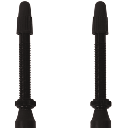 Två svarta Vittoria UST-ventiler, 44/60/80 mm, mot en ren vit bakgrund. Detaljerad produktbild med skarp belysning som framhäver ventilernas struktur och design.