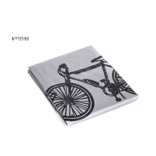 En vikt grå Ventura regnskydd till cyklar m.m. har en svart cykelillustration och varumärket "Ventura" i det övre vänstra hörnet mot en vit bakgrund.