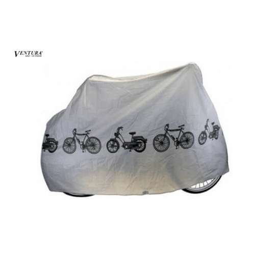 En vit Ventura regnskydd till cyklar m.m. med svarta cykel- och motorcykelillustrationer täcker en cykel, där en del av ett hjul syns nere till höger. Venturas logotyp visas i det övre vänstra hörnet.