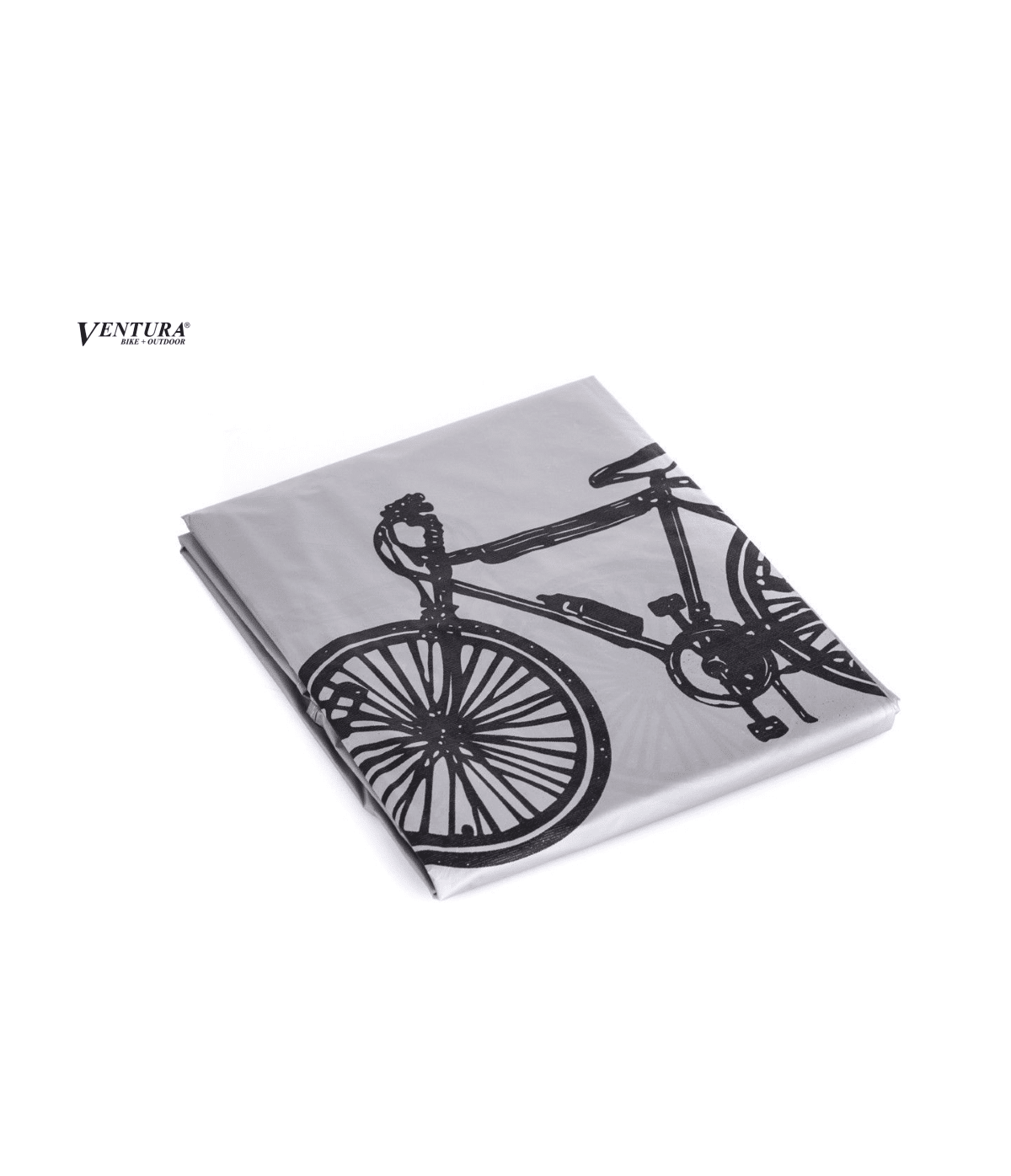 ventura.regnskydd.gra_.png En vit Ventura regnskydd till cyklar m.m. med svarta cykel- och motorcykelillustrationer täcker en cykel