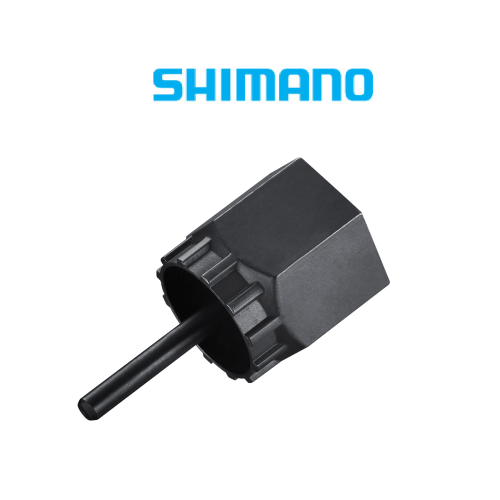 Shimano TL-LR15 kassettavdragare i svart, avbildad mot en vit bakgrund. Ljuset är jämnt fördelat, vilket framhäver verktygets detaljer och Shimano-logotypen ovanför.