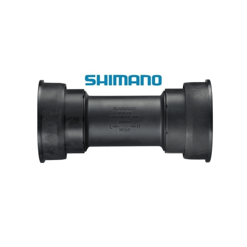 Ett Shimano BB-RS500 PressFit vevlager, 41 x 86,5 mm, i svart. Studioliknande belysning framhäver produktens detaljer och texten "Shimano Sealed Cartridge Unit" är tydligt synlig.