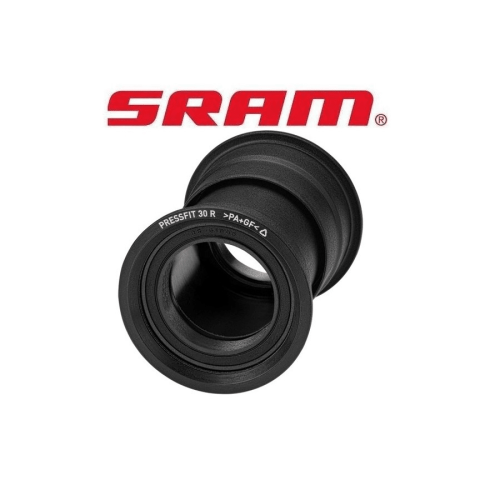 Närbild av ett svart SRAM PressFit 30 R vevlager mot en vit bakgrund. Fokuset ligger på den tekniska detaljen och logotypen