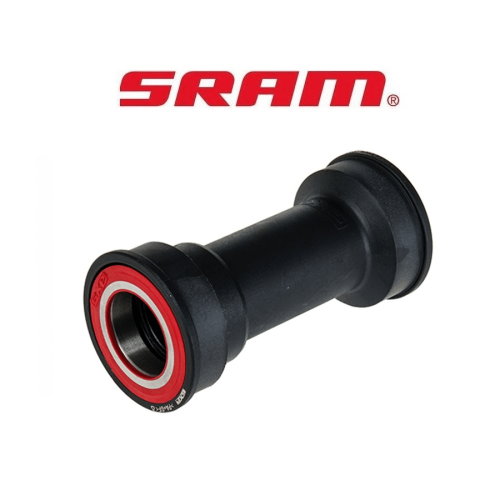 Ett vevlager från Sram GXP BB86 Press-Fit för landsvägscyklar, med dimensionerna 41 x 86,5 mm. Den svarta konstruktionen framhävs av röd accentfärg runt lagret, under skarpt ljus.