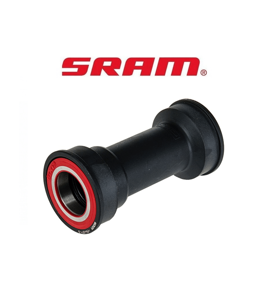 vevlager-sram-gxp-bb86-pressfit.png Ett vevlager från Sram GXP BB86 Press-Fit för landsvägscyklar, med dimensionerna 41 x 86,5 mm. Den svarta konstruktionen framhävs av röd accentfärg runt lagret, under skarpt ljus.