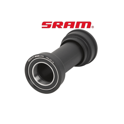 Sram GXP BB92 Press-Fit vevlager i svart plast, belyst med mjukt ljus. Märkningar som "PRESS-FIT GXP MTB" och materialbeteckningen ">PA+GF<" syns tydligt på lagrets kant.