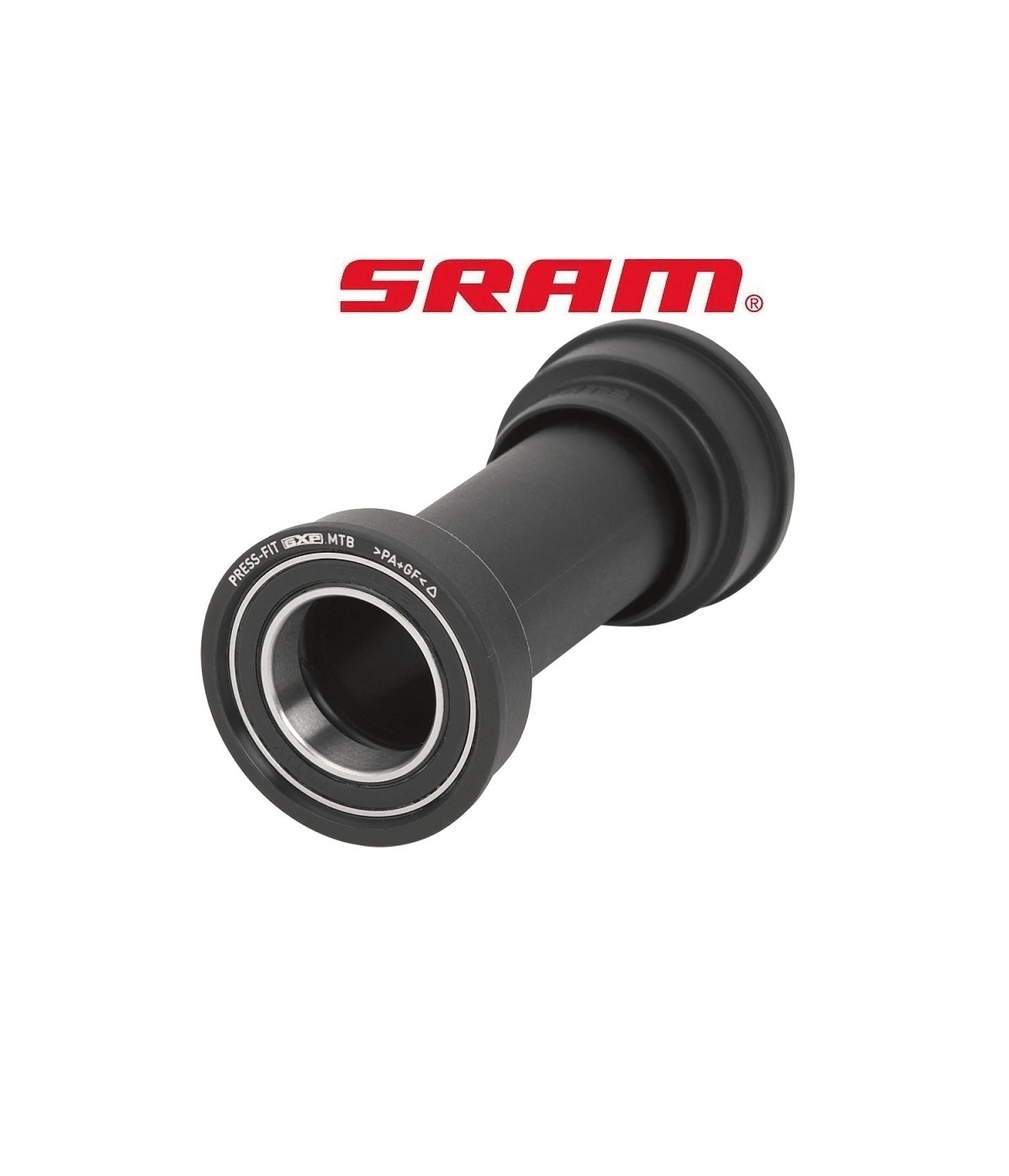vevlager-sram-gxp-bb92-press-fit.png Sram GXP BB92 Press-Fit vevlager i svart plast, belyst med mjukt ljus. Märkningar som "PRESS-FIT GXP MTB" och materialbeteckningen ">PA+GF<" syns tydligt på lagrets kant.