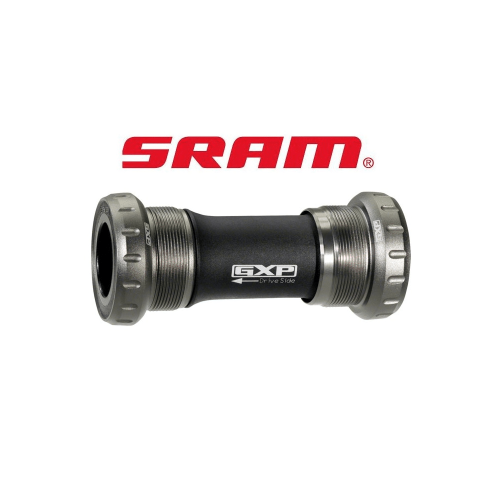 Ett detaljerat foto i studioljus visar ett Sram GXP Team gängat vevlager. Detaljer som gängor, 'GXP Drive Side'-logotypen och Sram-logotypen framträder tydligt mot den vita bakgrunden.