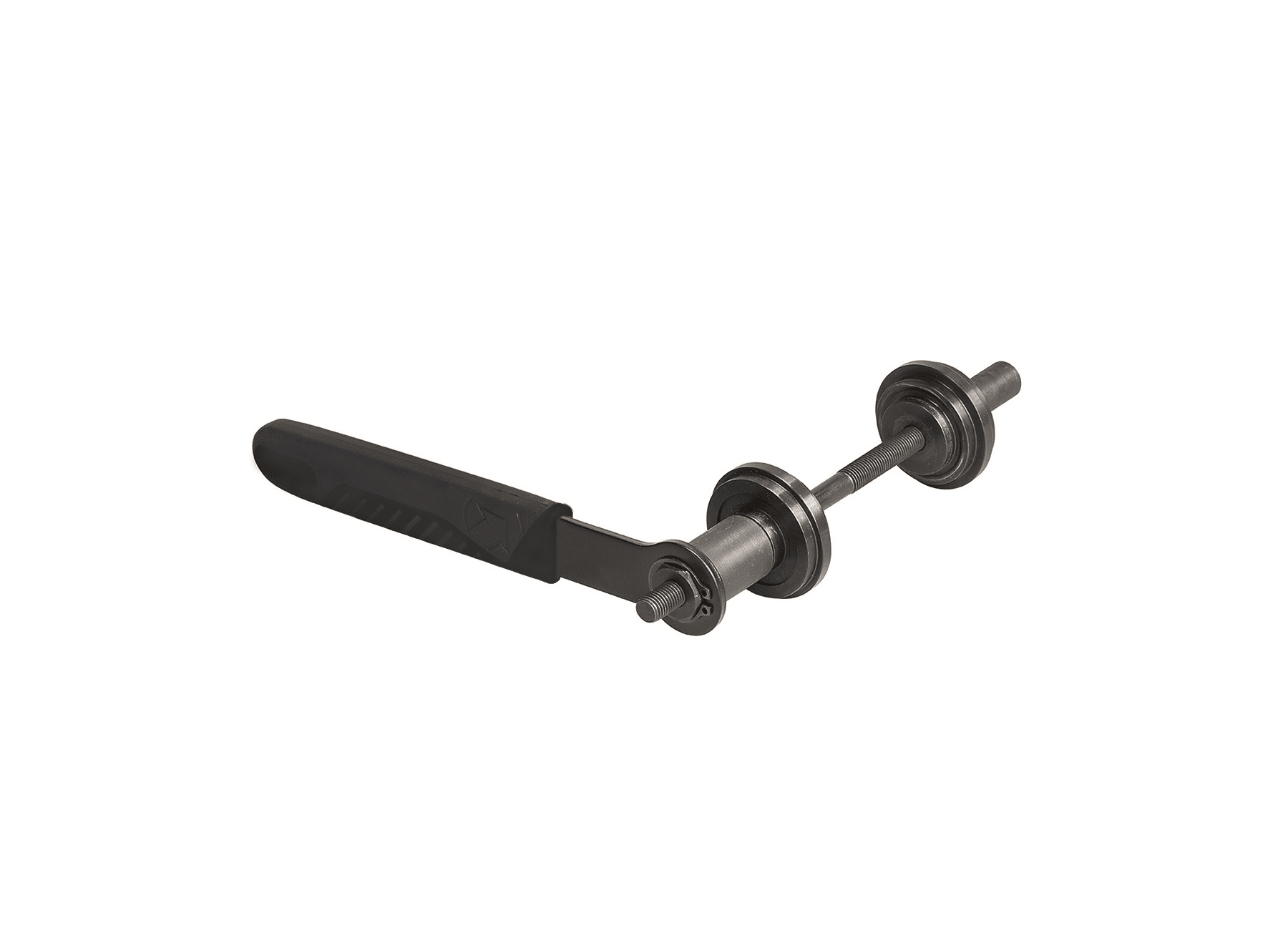 vevlagerpress.png Närbild av Vevlagerpress Pro, ett verktyg för att installera press-fit lager med precision. Matt ljus framhäver den svarta handtag och grå metallkomponenter mot en ren vit bakgrund.