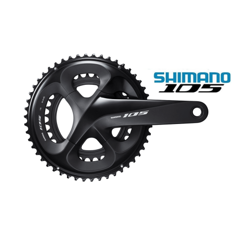 Detaljerad bild av ett svart Shimano 105 FC-R7000 vevparti, 53/39T, designat för 2x11-växlade cyklar. Ljuset framhäver den släta, matta ytan och de välformade linjerna.