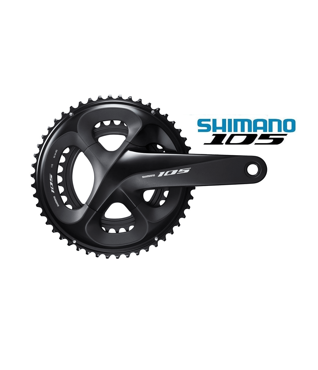vevparti-shimano-105-fc-r7000.png Detaljerad bild av ett svart Shimano 105 FC-R7000 vevparti, 53/39T, designat för 2x11-växlade cyklar. Ljuset framhäver den släta, matta ytan och de välformade linjerna.