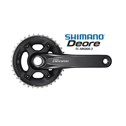 Detaljerat foto av ett Shimano Deore FC-M6000 vevparti med 38/28T klingor