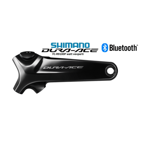 Detaljerad bild av en svart Shimano Dura-Ace FC-R9100P Wattmätare för vevparti. Blank yta reflekterar omgivande ljus, vilket framhäver dess aerodynamiska design och högkvalitativa konstruktion. Shimano-logotypen och Bluetooth-märkningen syns tydligt.