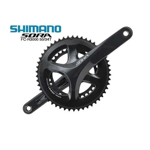 Shimano Sora FC-R3000 vevparti visas i studioljus mot en vit bakgrund. Vevarmen är i svart och har tydliga Shimano-logotyper, vilket skapar en professionell och teknisk känsla.
