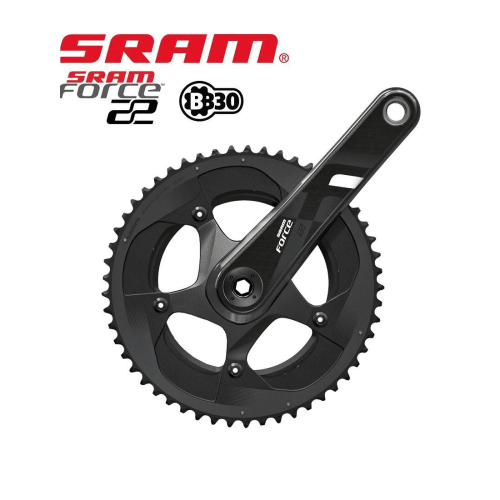 Detaljerad bild av ett Sram Force 22 BB30 53/39T vevparti, avsett för 2x11 växlar. Produkten är i fokus med skarpa detaljer och professionell belysning som framhäver dess design.