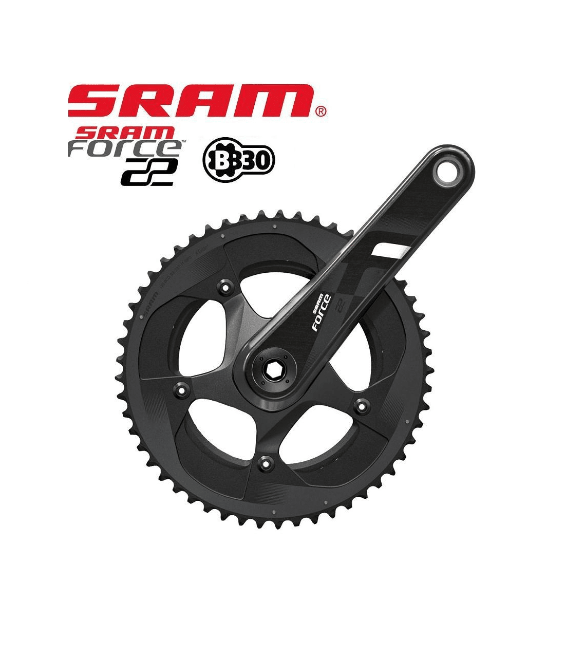 vevparti-sram-force-22-bb30.png Detaljerad bild av ett Sram Force 22 BB30 53/39T vevparti, avsett för 2x11 växlar. Produkten är i fokus med skarpa detaljer och professionell belysning som framhäver dess design.