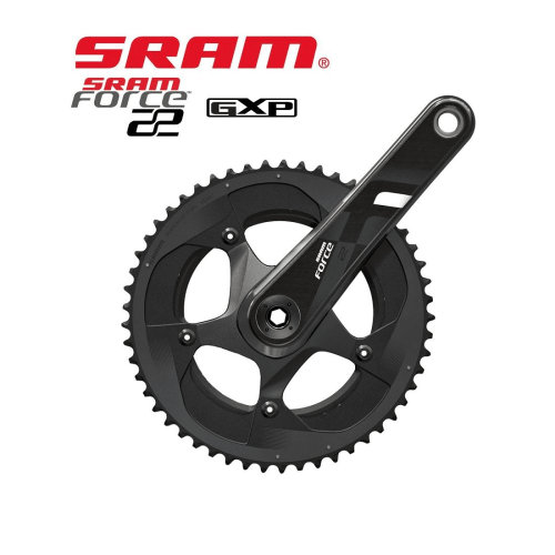 Svart Sram Force 22 GXP vevparti med 53/39T klingor syns i starkt ljus mot vit bakgrund. Logotyperna SRAM och Force 22 GXP är tydligt framhävda.