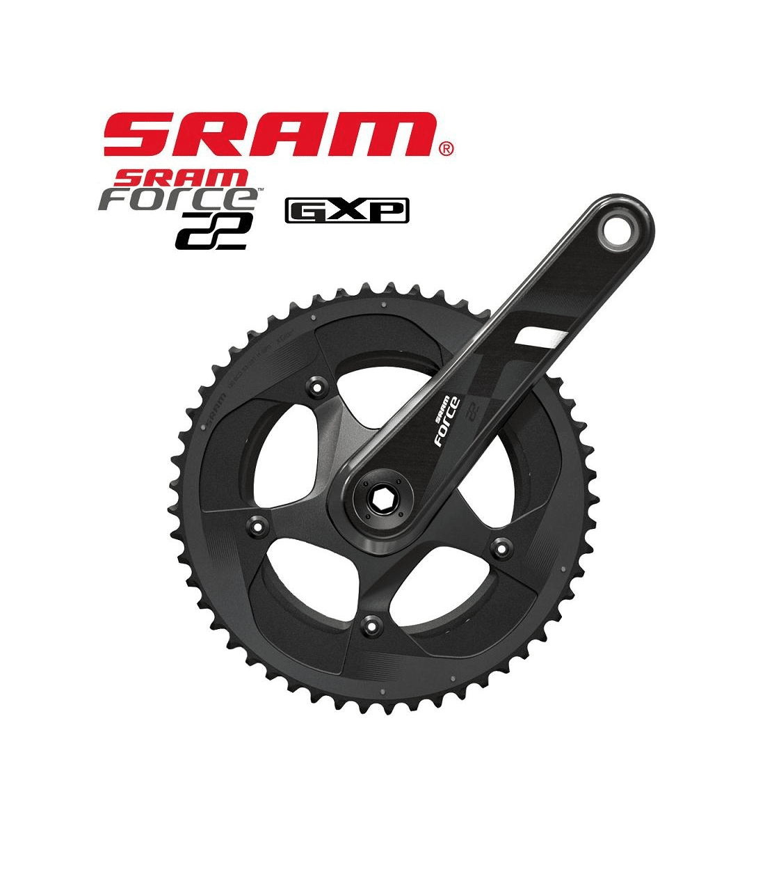 vevparti-sram-force-22-gxp.png Svart Sram Force 22 GXP vevparti med 53/39T klingor syns i starkt ljus mot vit bakgrund. Logotyperna SRAM och Force 22 GXP är tydligt framhävda.