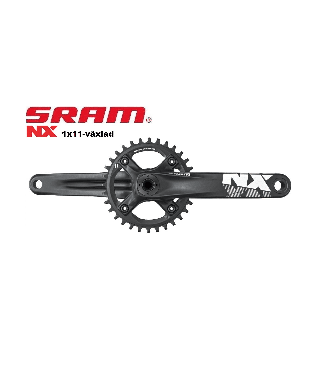 vevparti-sram-nx-bb30-1x11-1.png Mörkgrå SRAM NX BB30 32T vevparti för 1x11 växlar. Väl belyst produktbild som framhäver detaljer som drevets tänder och NX-logotypen. Ljust utsnitt.