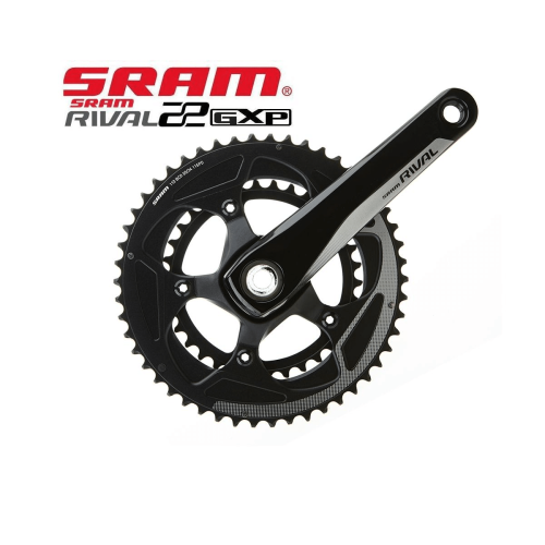 Svart SRAM Rival 22 GXP vevparti i studiomiljö. Detaljerad bild visar klingor (52/36T)