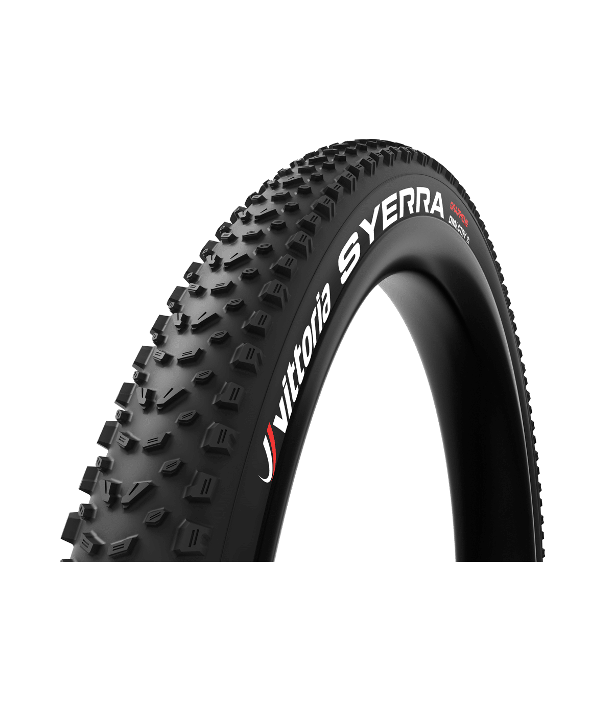 vittoria-syerra-mtb-dack.png Ett detaljerat produktfoto av ett Vittoria Syerra MTB-däck i svart. Fokus på mönster och märkning, med skarpt ljus som framhäver texturen. Elegant och informativ bild för cykelentusiaster.