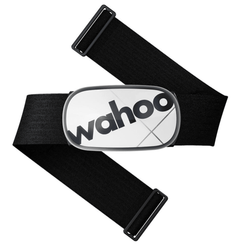 Wahoo Tickr X Pulsband är ett svart justerbart bröstband med en vit oval sensor som visar "wahoo" i feta svarta bokstäver - en bärbar pulsmätare.
