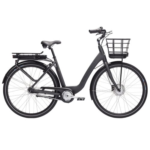 Crescent Elina elcykel i helbild, med ram i en matt mörkgrå färg. Detaljer som pakethållare, cykelkorg fram och batteri syns tydligt i bra ljus.